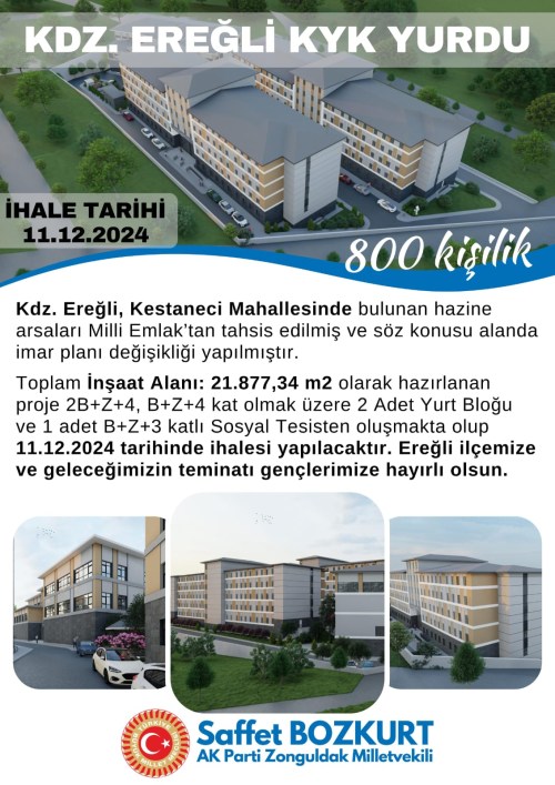 Kdz.Ereğli de 800 kişilik KYK yurdu