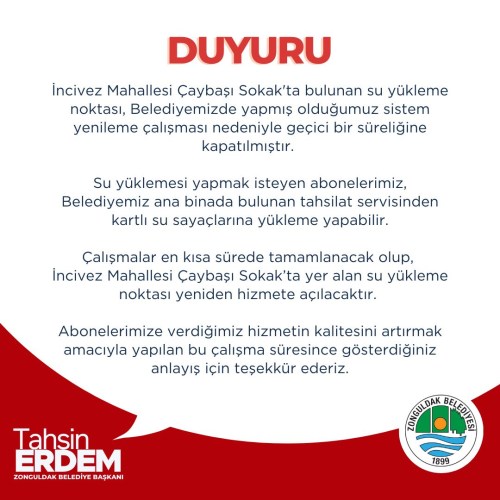 Su yükleme noktası, çalışmalar sebebiyle bir süreliğine kapatılmıştır.